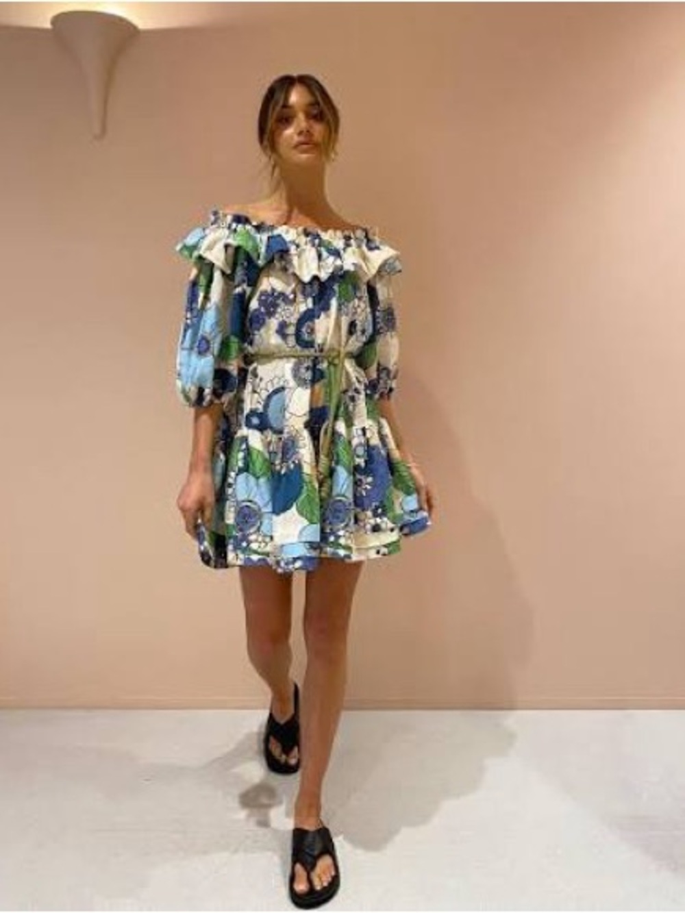 Alemais Cream Mini Dress with Blue & Green Floral Print